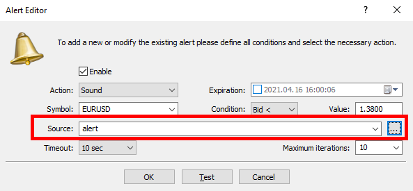 the 'Source' field in the Alert Editor of MetaTrader.