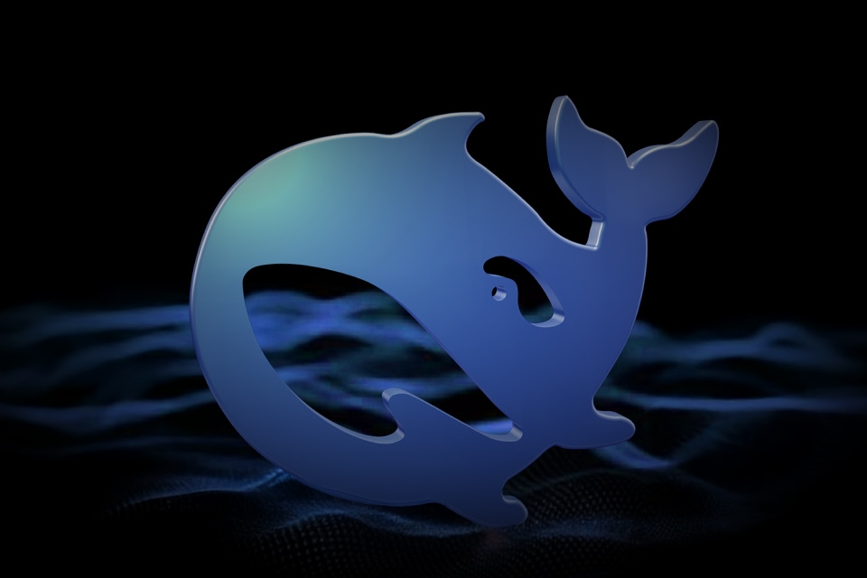 a stylized blue whale logo with a futuristic design