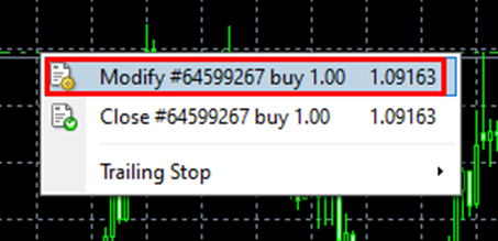 a trade modification menu in the MetaTrader platform.