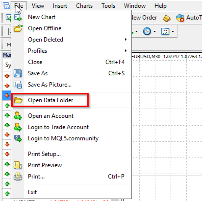 ascreenshot shows the File menu in MetaTrader 4 (MT4), highlighting the "Open Data Folder" option.