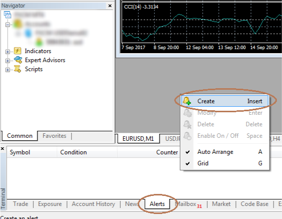 the Alerts tab in the MetaTrader 4.