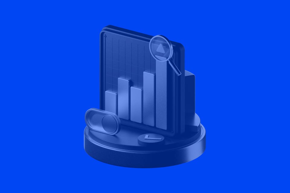 3D illustration of a financial graph with magnifying glass on a blue background, illustrating what margin trading is