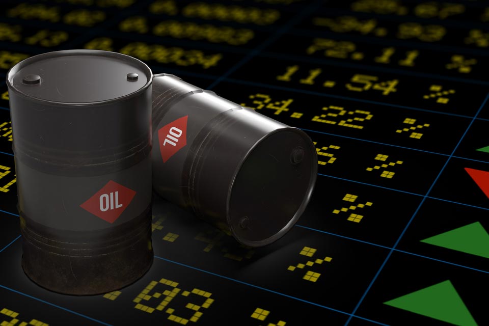 barrels of oil placed on a digital stock market background 
