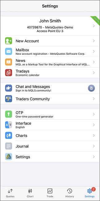 MetaTrader mobile app's 'Settings' page, showing account information for a demo account