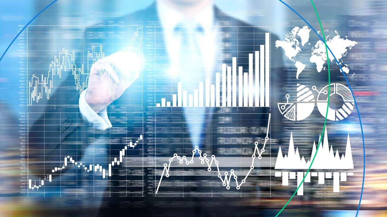 Popular Trading Tools for New Traders, illustrated by a business professional interacting with digital financial charts and graphs.