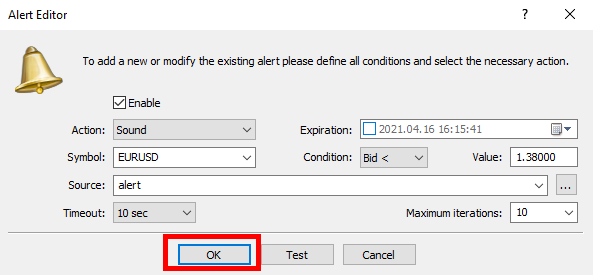 the 'Alert Editor' window from a trading platform.
