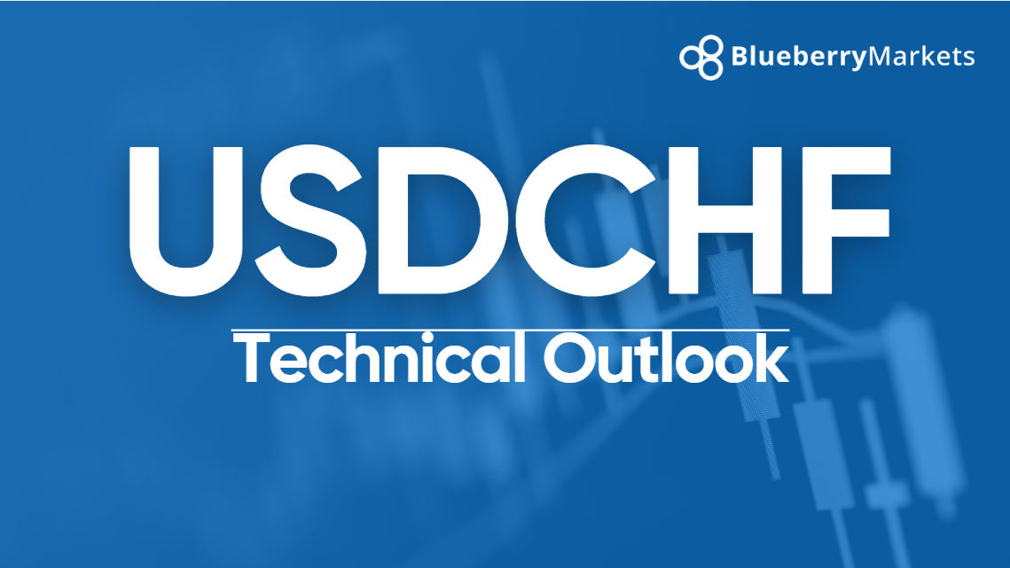Keeping an Eye on USDCHF Amidst Central Bank Moves and Economic Data — USDCHF Technical Outlook banner featuring the old Blueberry Markets logo, with a background of a forex chart showing price movement, economic data icons, and central bank imagery.