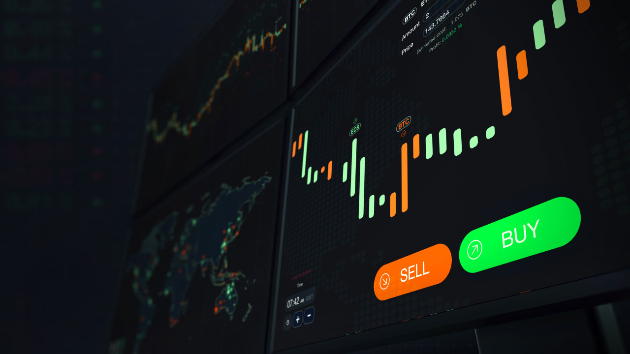 Risks of Automated Trading Systems, illustrated by a screen with charts, prices, bars, and buy and sell indicators.