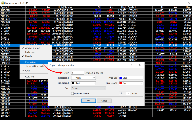 the Popup Prices window in MetaTrader 5 (MT5) with customization options for price display.