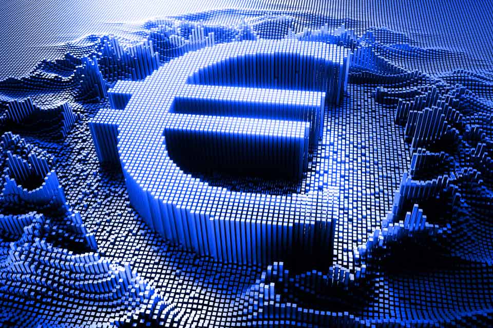 a3D digital representation of the Euro currency constructed from blue illuminated cubes
