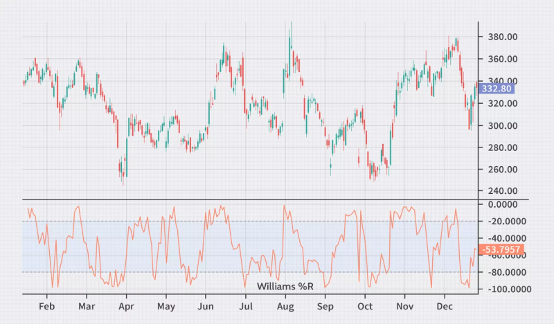 This chart includes candlestick price action along with the Williams %R indicator at the bottom.