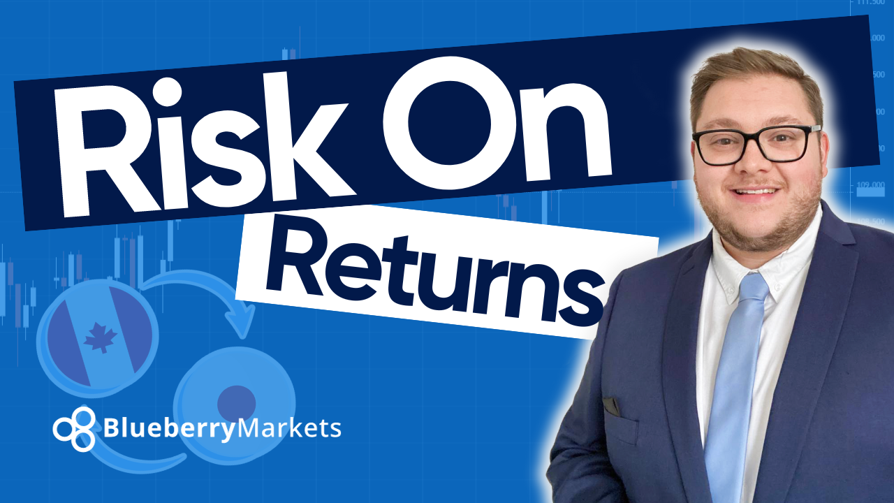 Risk On Returns In The Forex Markets, illustrated by a promotional graphic for Blueberry Markets featuring the title 'Risk On Returns' in bold text.