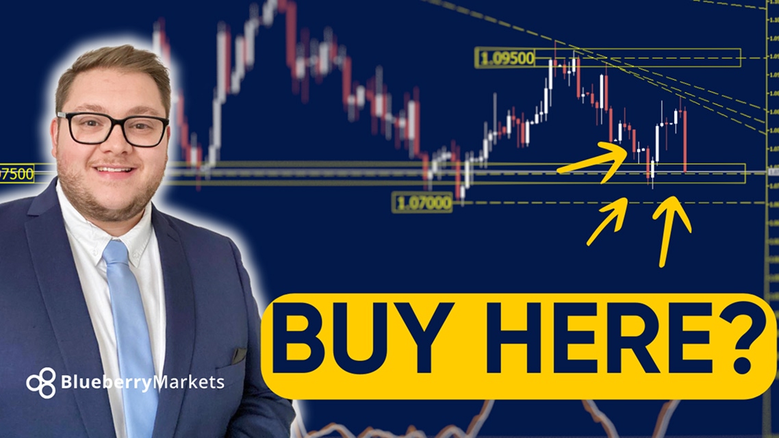 Navigating the EURUSD Ahead of ECB's Interest Rate Decision, illustrated by Jon Kibbler in front of a forex trading chart with yellow annotations and the text 'BUY HERE?'.