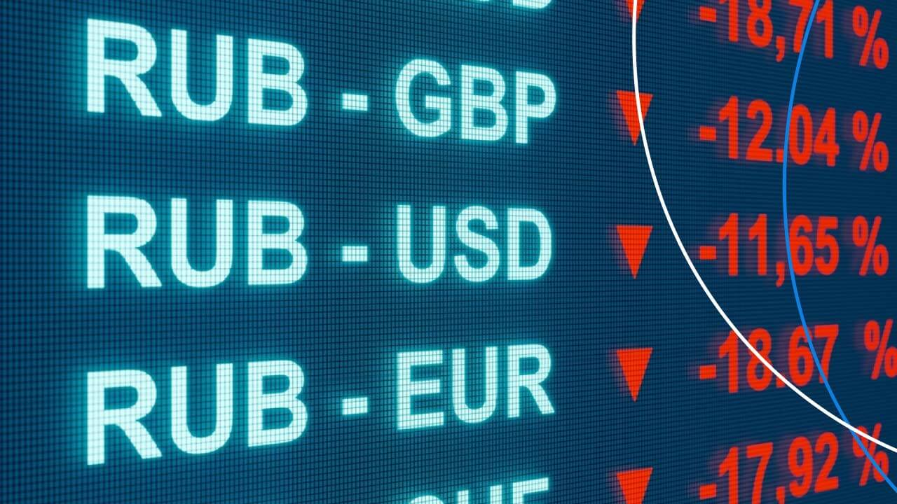 Forex exchange rates showing a sharp decline in the Russian ruble (RUB) against major currencies, reflecting the impact of the Russia-Ukraine crisis on the forex market.