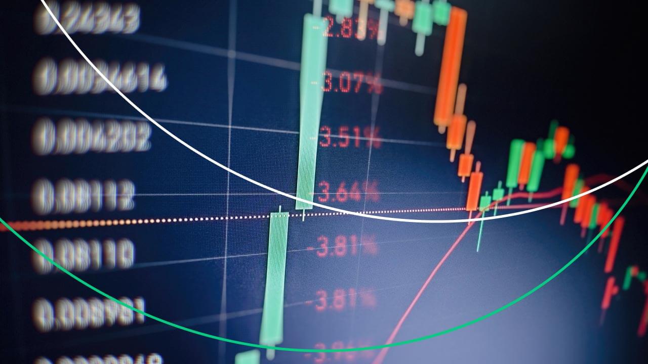 7 Popular Indices Trading Strategies, featuring a close-up of a financial chart with candlesticks and market data.