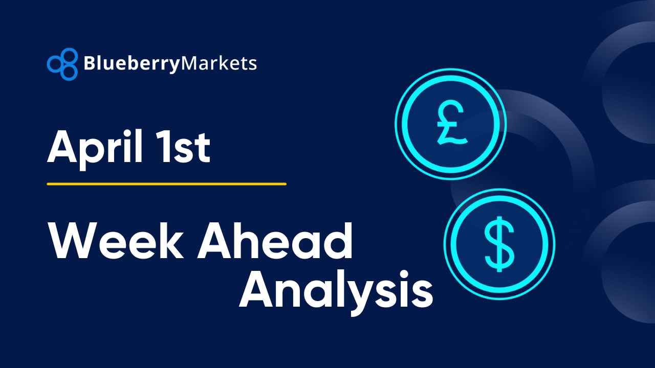  digital graphic with a dark blue background displaying "April 1st Week Ahead Analysis"