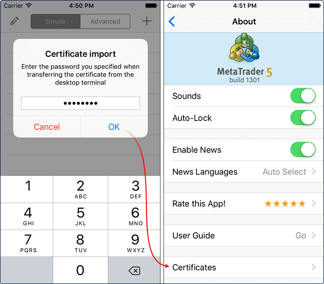 Left Side of the Image: "Certificate Import" Screen & Right Side of the Image: "About" Section of MetaTrader 5