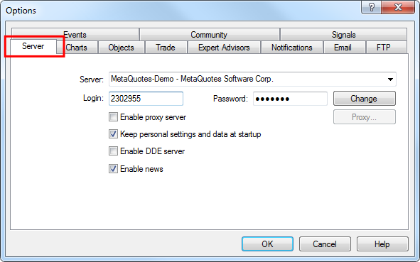 the 'Options' window in MetaTrader 4 with the 'Server' tab selected
