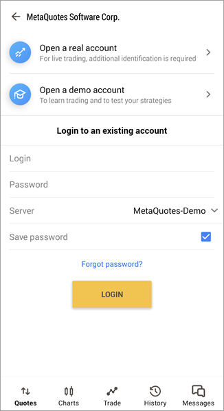 MetaTrader mobile app login screen by MetaQuotes Software Corp