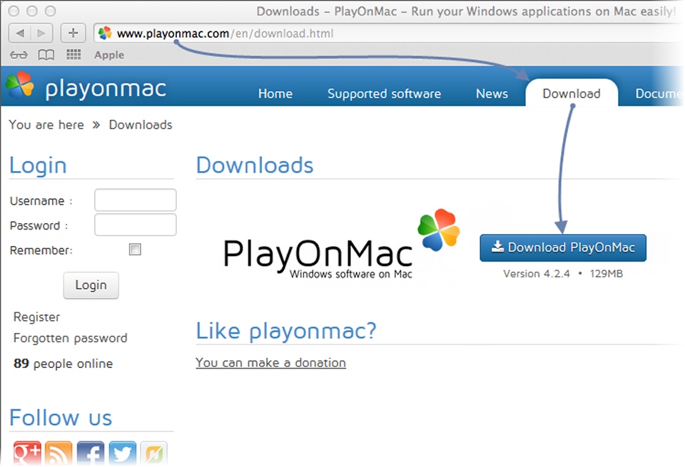 "Screenshot of the PlayOnMac website's download page.