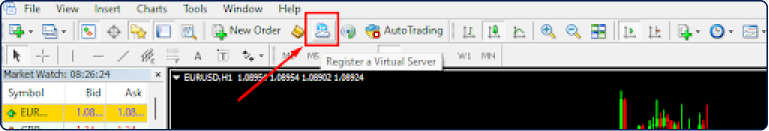 MeaTrader toolbar with a red box and arrow highlighting the 'Register a Virtual Server' button