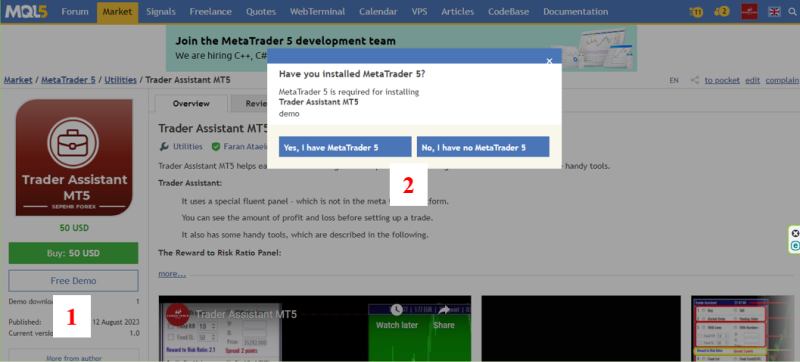 the MQL5 Market website, where a user is trying to download or purchase the Trader Assistant MT5 utility.
