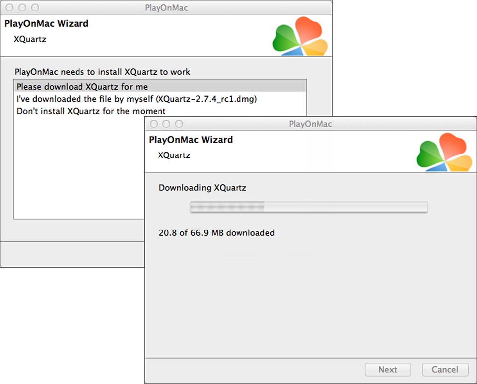Screenshot of the PlayOnMac Wizard prompting the user to install XQuartz.