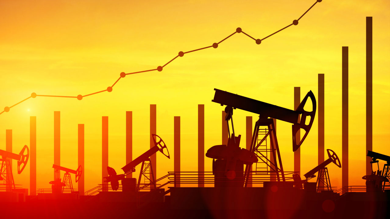 Silhouettes of oil pump jacks at sunset with an overlay of a rising bar and line graph, symbolizing increasing oil prices and production.