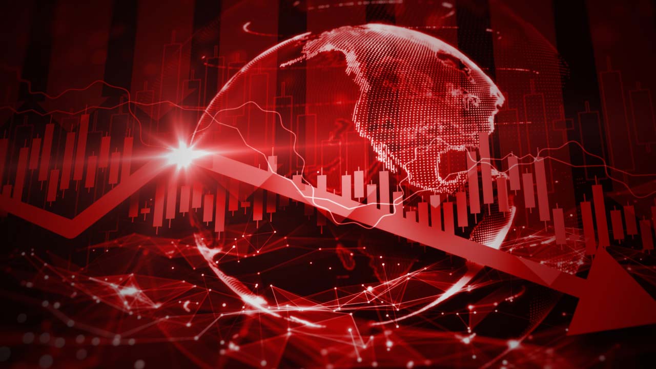 A red stock market chart with a downward trend, symbolizing the impact of a recession on the stock market.