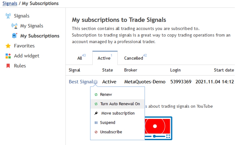 Screenshot of the "My Subscriptions" section in MetaTrader's trade signals platform