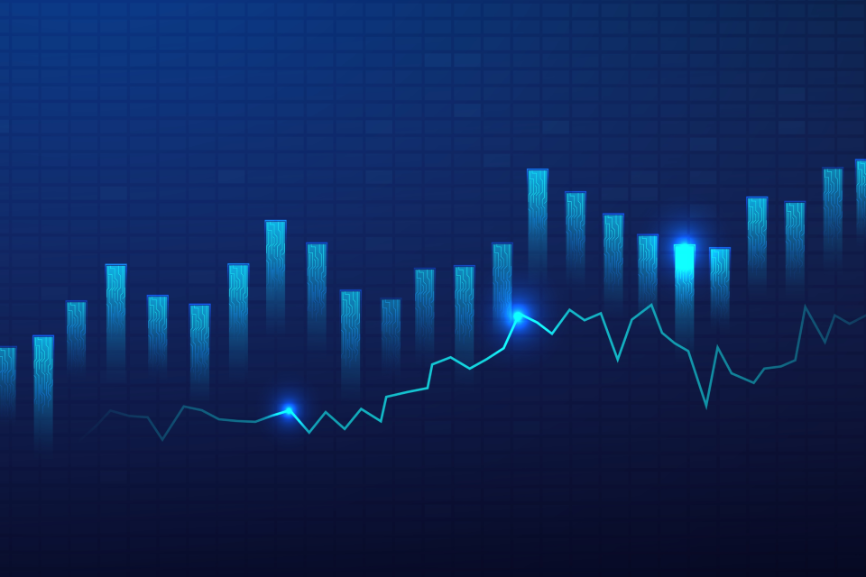 ADP National Employment Report represented with a futuristic financial chart displaying blue bar graphs and a fluctuating trend line on a digital grid background.