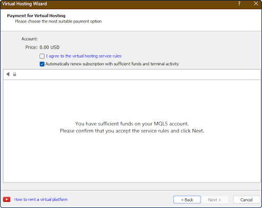 'Virtual Hosting Wizard' payment window in MetaTrader