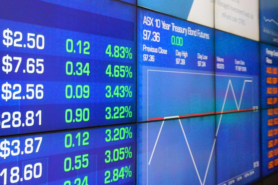 Digital trading screen displaying stock prices and percentage changes, illustrating the ultimate guide to trading trends in forex.