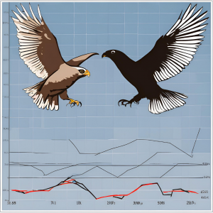 An image showing a hawk and a dove facing off over a financial chart