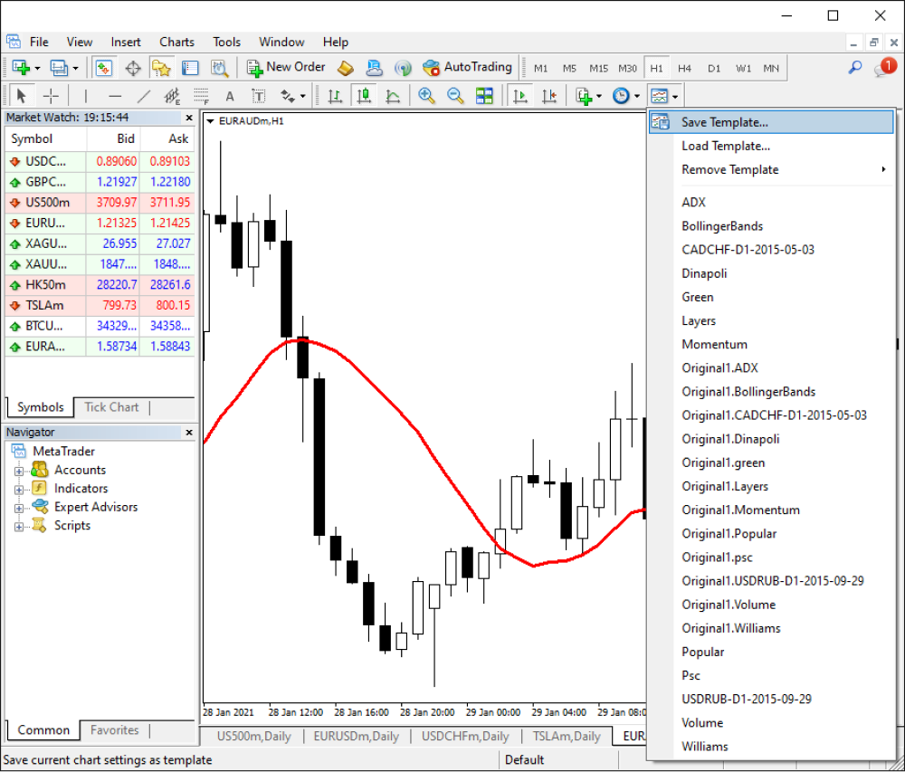 MetaTrader platform window displaying a candlestick chart for EURAUDm on the H1 (hourly) timeframe with a red moving average line.