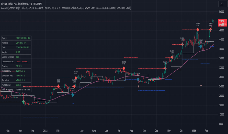 Bitcoin (BTC/USD) daily candlestick chart on Bitstamp showing price movements from late 2022 to early 2024.