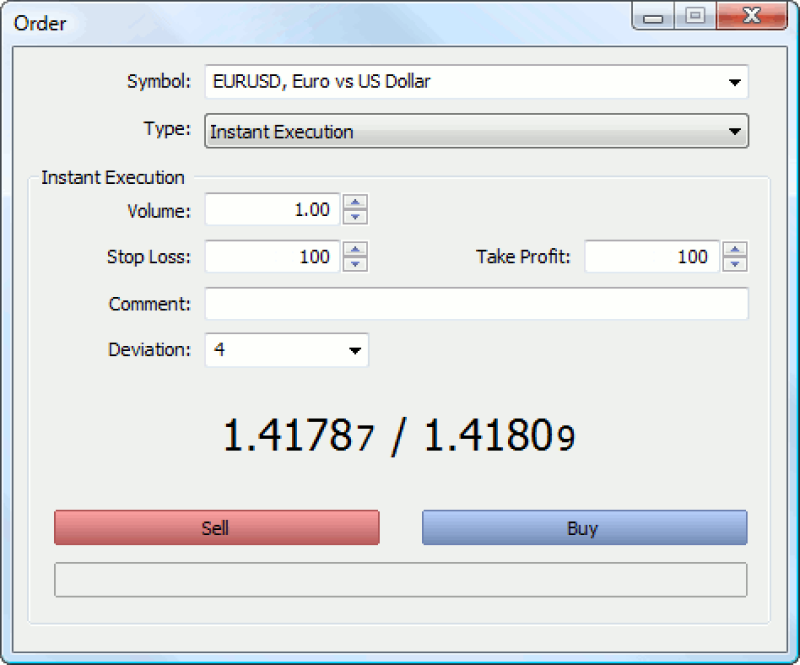 the Order window in a trading platform, specifically for Instant Execution trades.