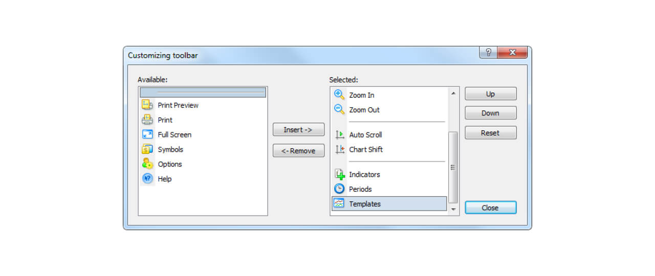 Screenshot of the 'Customizing toolbar' window in a trading platform, showing options to add or remove toolbar items.