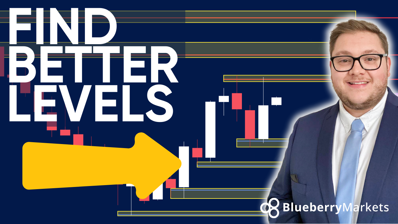  A Blueberry Markets promotional image with the text "Find Better Levels" over a candlestick trading chart. 