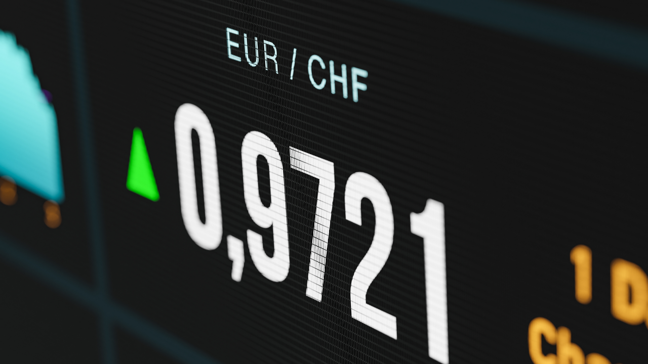 a close-up digital display of the EUR/CHF (Euro/Swiss Franc) currency pair