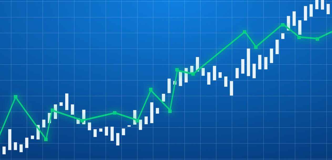 Trend Trading In Forex: How To Effectively Use This Strategy, illustrated by a candlestick chart with a green trendline showing a steady upward movement on a blue grid background.