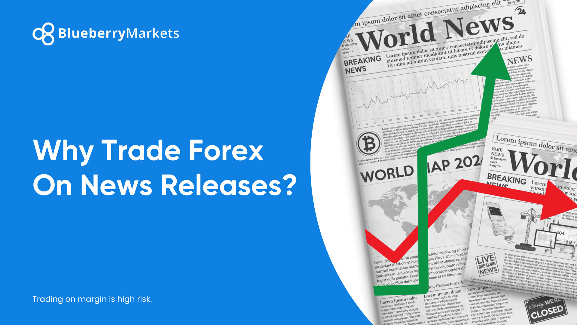 A promotional graphic from Blueberry Markets with the headline "Why Trade Forex On News Releases?" on a blue background.