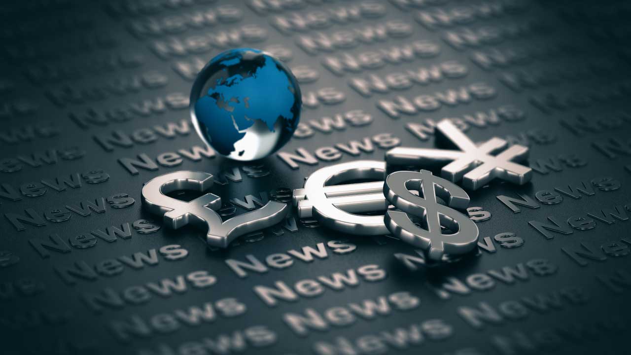 A metallic globe surrounded by major currency symbols (GBP, EUR, USD, JPY) on a dark background with the word 'News' embossed, representing key economic news events impacting forex trading.