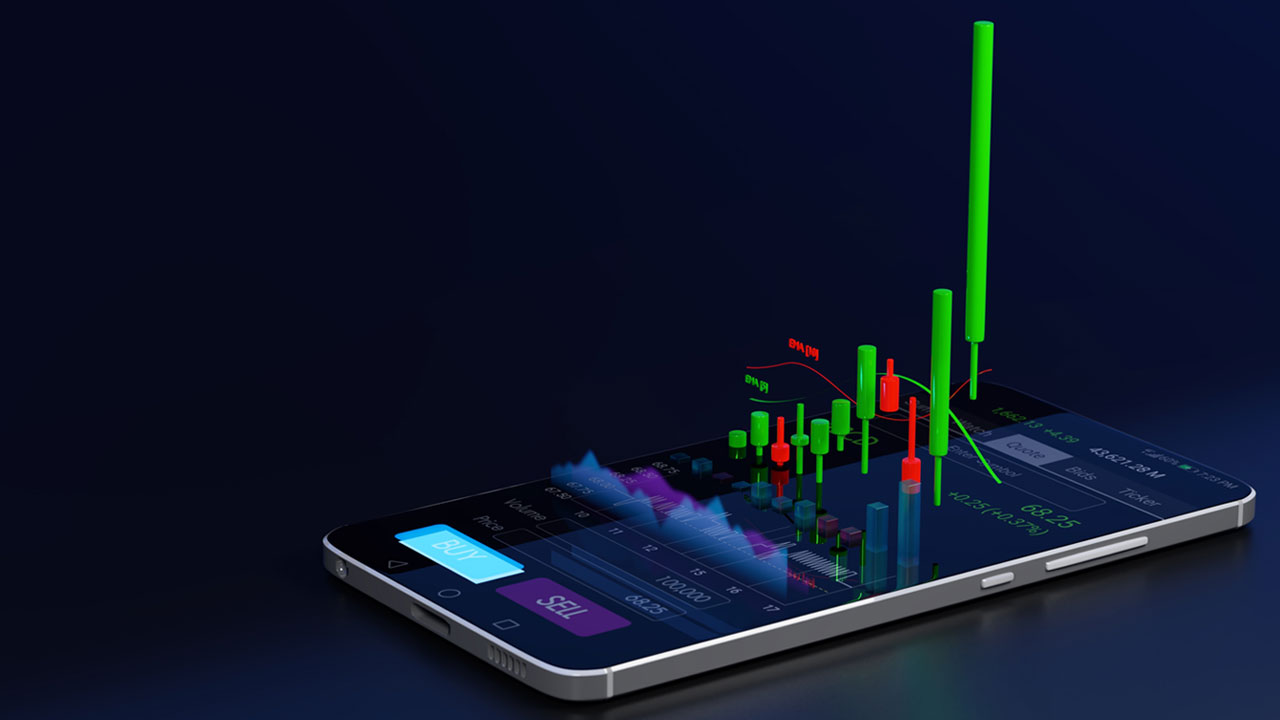 a smartphone displaying a 3D candlestick chart with green and red bars, representing market fluctuations and implied volatility influenced by factors such as market sentiment, supply and demand, and economic events.