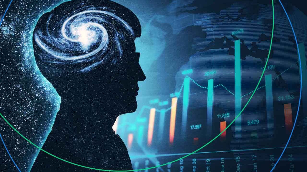 A trader's silhouette with a swirling galaxy inside the head, symbolizing the deep psychology of forex trading, with financial charts in the background.