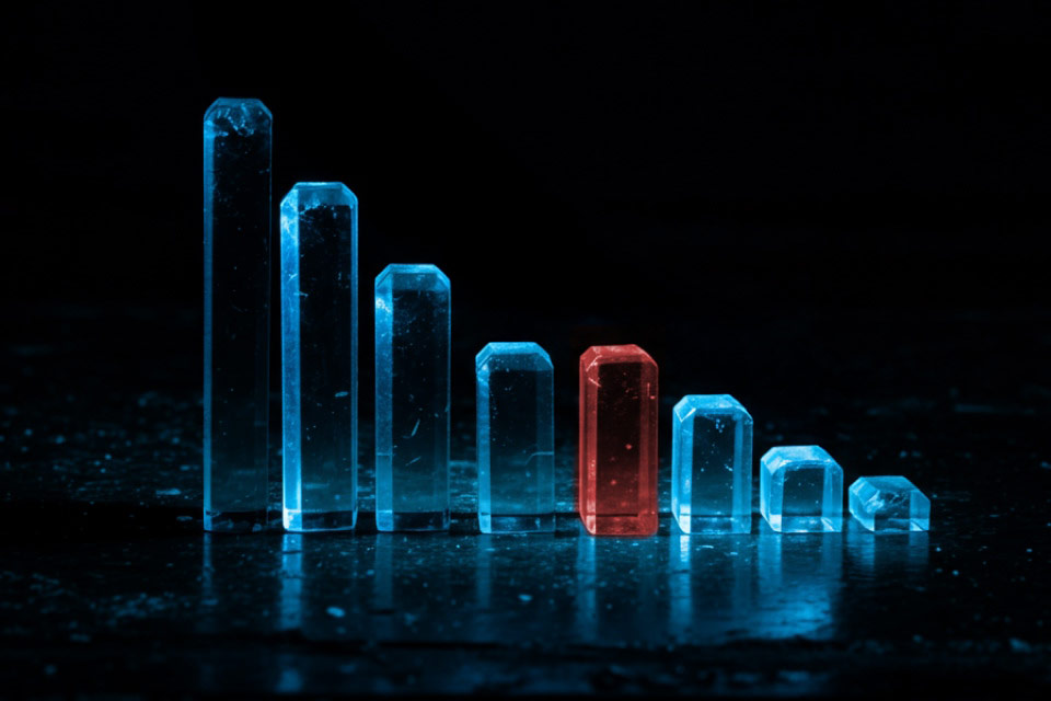 a futuristic descending bar chart with one highlighted red bar