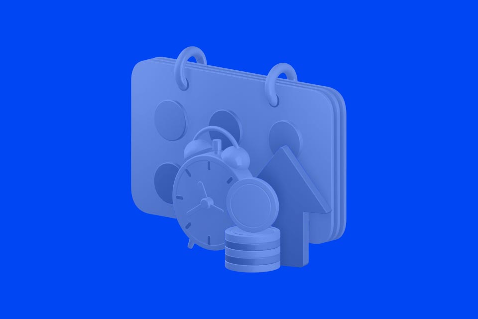 A 3D illustration of a calendar, clock, coins, and an upward arrow, symbolizing market activity and financial planning, representing the concept of "Forex Trading on Weekends."