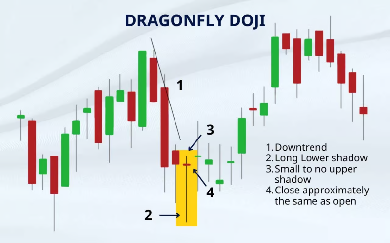An educational graphic explaining the Dragonfly Doji candlestick pattern.