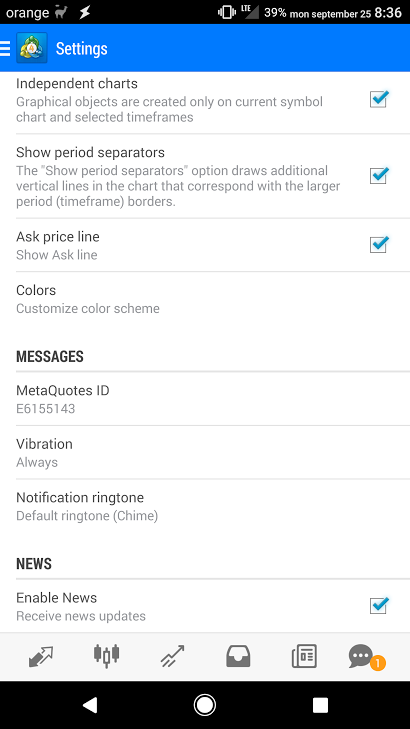 image shows the Settings menu of an MT4 trading application.