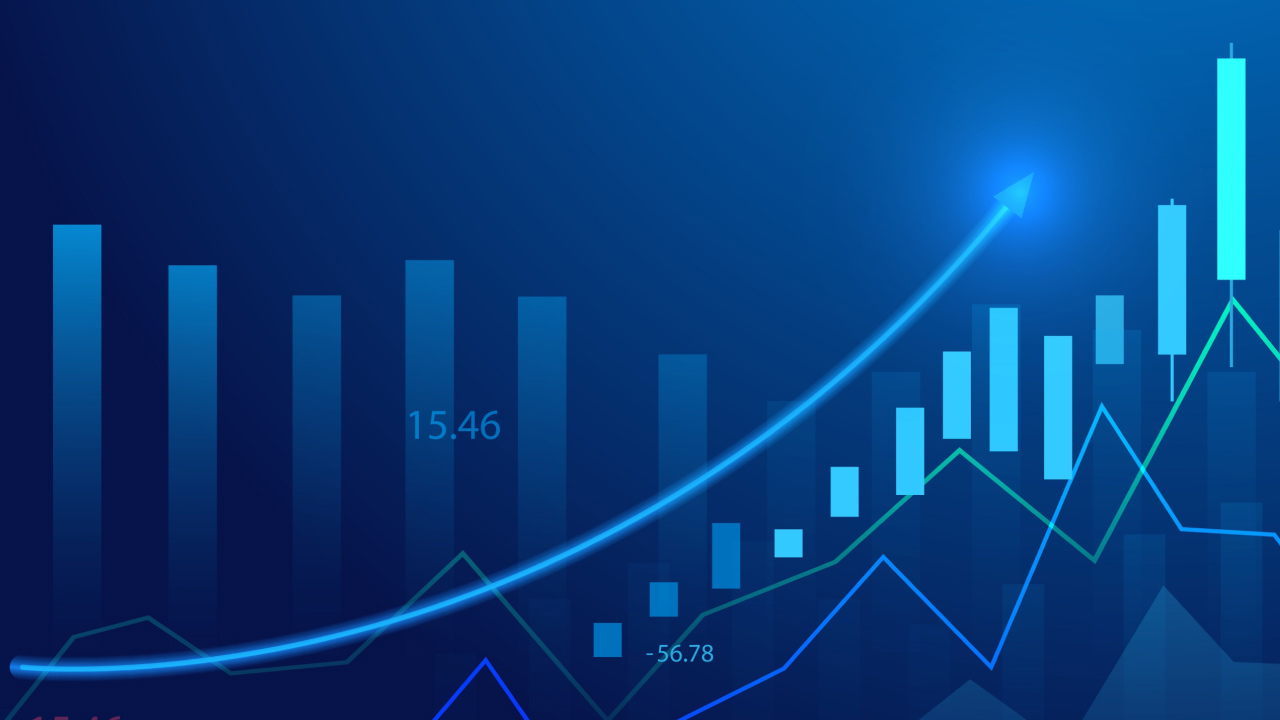 A financial chart with an upward-trending yield curve, bar graphs, and line charts illustrating market trends. Represents the concept of the yield curve and its role in financial analysis.